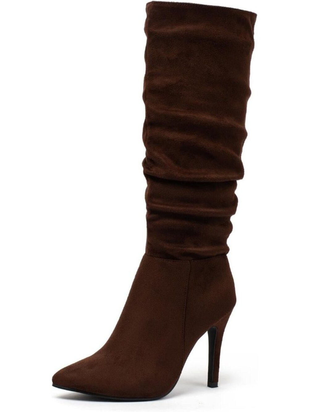 Women's Brown Faux Suede Pointed Toe Zipper Slouchy Fashion High Heel Boots